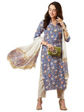 Gosriki Women'S Cotton Blend Printed Straight Kurta With Pant & Dupatta (Silhot-Blue-Brt-Gs_Xl_Blue_X-Large),Blue,,B0CJY6Y1CV