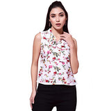 OOMPH! Women's Crepe Printed top with Tie Neck and Sleeveless,White