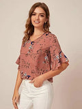 Toplot Printed Bell Sleeve Wrap & Swing V Neck Top For Women(T-V-Neck-Top-5009-Brown-Xs),Brown,,B0B39CFYTV