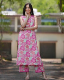 Anni Designer Women'S Cotton Blend Straight Printed Kurta With Palazzo (Dindara Pink_Xl_Pink_X-Large),Pink,XL,Rayon Blend,Regular,