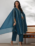 Libas Womens Woven Design Silk Blend Straight Kurta With Trousers And Dupatta Teal 4Xl