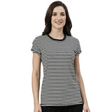 Enamor Essentials Women's Relaxed Fit Short Sleeves Crew Neck Slim Fit Breathable Stretch Regular Length Cotton Tee - EA47(EA47-Black & White Str-XL),Black & White Str