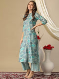 Gosriki Women'S Cotton Blend Straight Printed Kurta With Pant (Later Blue-Nh-Gs_Xl_Blue_X-Large),Blue,,B0D3BYX12Y