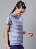 Enamor Athleisure Women's Relaxed Fit Short Sleeve Crew Neck 4 Way Stretch Breathable Antimicrobial Cotton Tee with Graphic - A3S1(A3S1-Powder Blue Str/ Happye Soul Graphic-S),P.Blue Str/Happysoul