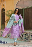 Anni Designer Women'S Cotton Blend Straight Printed Kurta With Pant & Dupatta (Gupta Purple_S_Purple_Small),Purple,S,Cotton Blend,Regular,