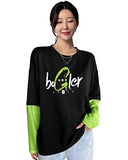 Eyebogler Womens Loose Fit Round Neck Full Sleeves Printed T-Shirt,Black Lime GreenApparel,S