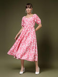 Oomph! Women'S Western & Fusion Wear Printed Crepe Dress For Women Puffed Sleeve Pink - Md994,Punch PinkApparel,XL