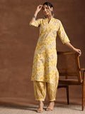 Libas Womens Printed Cotton Straight Kurta With Salwar Mustard 2Xl