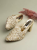 Shoetopia Women'S Golden Embroidered Block Heel Mules Ethnic Slip-On Sandals With Glitter Finish And Cutwork Detailing Eu36,Golden,3,B0BRQL89H1