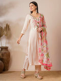 Anni Designer Women'S Rayon Blend Embroidecream Straight Kurta With Pant & Dupatta (Vejanti Cream_M_Cream_Medium),Cream,M,Rayon Blend,Regular,