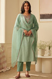 Anni Designer Women'S Cotton Blend Embroidered Straight Kurta With Pant & Dupatta (Farigup-Green_L_Green_Large),Green,L,Cotton Blend,Regular,