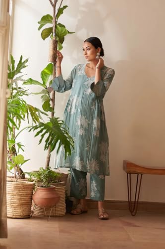 Anni Designer Women'S Rayon Viscose Straight Printed Kurta With Pant (Robin Pista_M_Pista_Medium),Pista,M,Rayon,Regular,