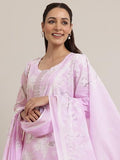 Libas Womens Printed Cotton Straight Kurta With Trousers And Dupatta Lavender L 400087O