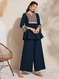 Tadkee Women'S Geometric Printed Sequin Decorated Woven Fringe Two Piece Set | 3/4 Sleeve Co-Ord Set (Fn-Pop-Printed-Nack-Set-123-Teal-L)