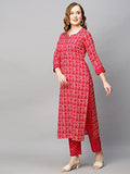 Anni Designer Women'S Cotton Blend Straight Printed Kurta With Pant (Dravini Red_L_Red_Large),Red,L,Cotton Blend,Straight,Kurta with Pant