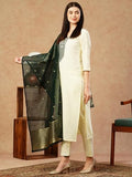 Anni Designer Women'S Cotton Blend Embroidered Straight Kurta With Pant & Dupatta (Kaj50 Cream_M_Cream_Medium),Cream,M,Cotton Blend,Regular,
