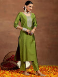 Libas Gerua Womens Yoke Design Silk Blend Straight Kurta With Trousers And Dupatta Green Xs Gs911
