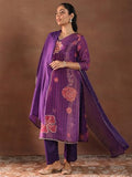 Libas Womens Printed Silk Blend Straight Kurta With Trousers And Dupatta Purple L