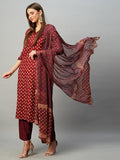 Anni Designer Women'S Cotton Blend Straight Printed Kurta With Pant & Dupatta (Bc Maroon-Kbv_5Xl_Maroon_Xxxxx-Large),Maroon,5XL,Cotton Blend,Regular,Kurta, Scarf