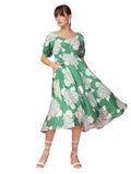 Oomph! Women'S Western & Fusion Wear Printed Crepe Dress For Women Puffed Sleeve Green - Md1039,Pickle GreenApparel,L