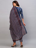 Anni Designer Women'S Cotton Blend Straight Printed Kurta With Pant & Dupatta (Patni Blue_S_Blue_Small),Blue,S,Cotton Blend,Regular,