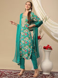 Anni Designer Women'S Cotton Blend Printed Straight Kurta With Pant & Dupatta (Aj Lee Rama_Xxl_Green_Xx-Large),Green,2XL,Cotton Blend,Regular,