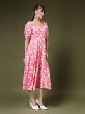 Oomph! Women'S Western & Fusion Wear Printed Crepe Dress For Women Puffed Sleeve Pink - Md994,Punch PinkApparel,L