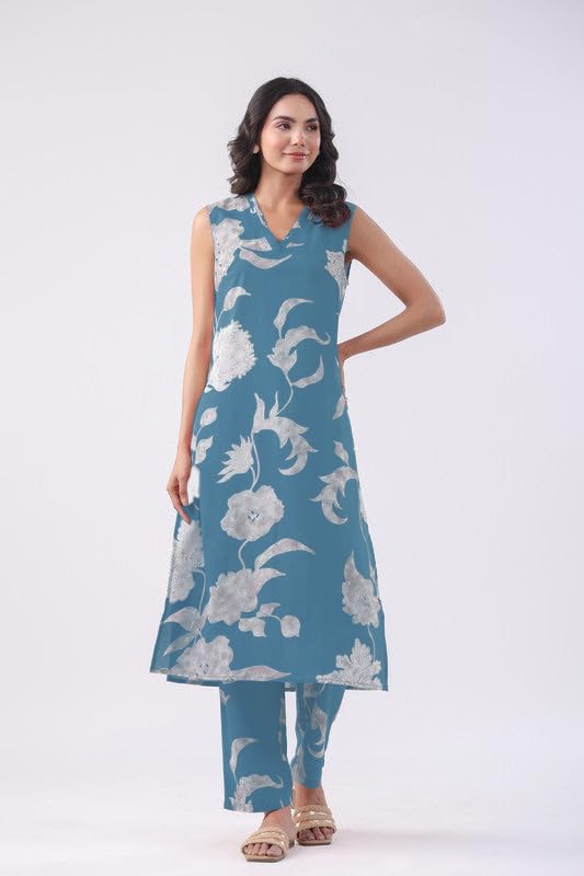 Anni Designer Women'S Rayon Viscose Straight Printed Kurta With Pant (Teras Sky Blue_M_Sky Blue_Medium),Sky Blue,M,,,