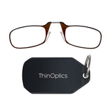 ThinOptics Keychain Readers Rectangular Reading Glasses, Black Case/Brown Frames, 44 mm + 2