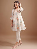 Womanista Women'S Beige Colour Linen Multi Thread Embroidery Flared Tunic With Trouser Coord Set(Co-Ords_9102_Xl)