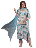Anni Designer Women'S Cotton Blend Straight Printed Kurta With Pant & Dupatta (Pankhuri Sky_Xl_Sky Blue_X-Large),Sky Blue,XL