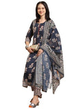 Anni Designer Women'S Rayon Blend Straight Printed Kurta With Pant & Dupatta (Alaya Navy Blue-Vks01_L_Navy Blue_Large),Navy Blue,L