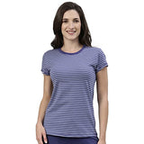 Enamor Essentials Women's Relaxed Fit Short Sleeves Crew Neck Slim Fit Breathable Stretch Regular Length Cotton Tee - EA47(EA47-Greek Blue Str-L),Greek Blue Str