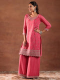 Libas Womens Embroidered Silk Blend Straight Kurta With Palazzos And Dupatta Pink 2Xl