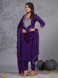 Gosriki Women'S Rayon Blend Embroidered Straight Kurta With Pant & Dupatta (Jenny Begani-Gs_Xl_Violet_X-Large),Violet,,B0CZ7DY36S
