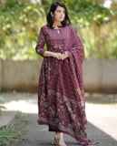 Gosriki Women'S Rayon Blend Anarkali Printed Kurta With Pant & Dupatta (Kanjur Wine-Gs_S_Wine_Small),Wine,,B0DC6M4BM1