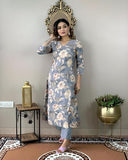 Anni Designer Women'S Cotton Blend Straight Printed Kurta With Pant (Dhun Grey_L_Grey_Large),Grey,L,Rayon Blend,Regular,Kurta