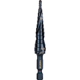 Klein Tools QRST01 Step Drill Bit, Quick Release Spiral DoubleFluted, 1/8 to 1/2Inch, Hex Shank, Cut Steel, Wood, Plastic, Alu