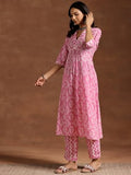Libas Womens Printed Cotton A-Line Kurta With Trousers Pink As Shown