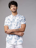Lookmark Men'S Cotton Blend Stitched Solid Half Sleeve Regular Fit Shirt(Printed Regular Fit Shirt Blue Leaf-M)