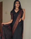 Flosive Womens Kanjivaram Silk Saree With Handloom Weaving Work With Blouse (Black B)
