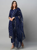 Anni Designer Women'S Cotton Blend Straight Printed Kurta With Pant & Dupatta (Thakor Blue_M_Blue_Medium),Blue,M,Cotton Blend,Regular,Kurta with Pant & Dupatta