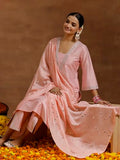 Libas Gerua Womens Yoke Design Silk Blend Straight Kurta With Trousers And Dupatta Peach L Gs920
