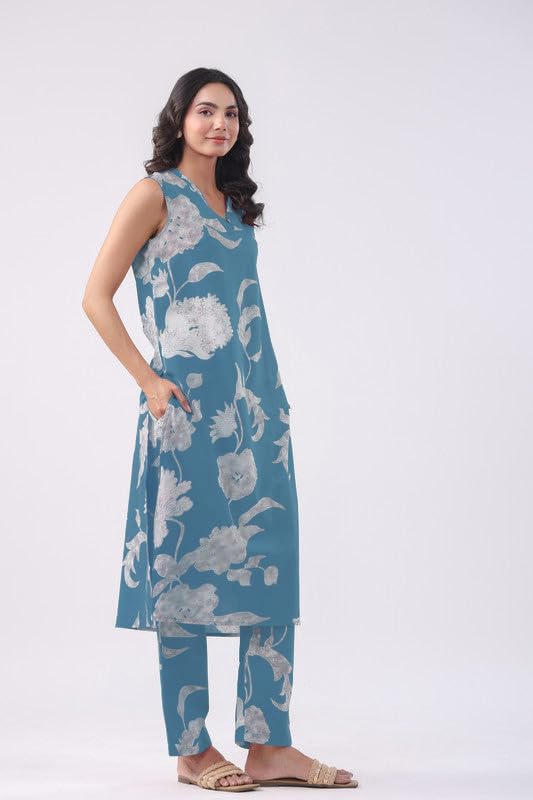 Anni Designer Women'S Rayon Viscose Straight Printed Kurta With Pant (Teras Sky Blue_M_Sky Blue_Medium),Sky Blue,M,,,