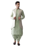 Kisah Mens Kurta Jacket Dhoti Set, Silk Blend Jacquard Mandarin Collar Long Sleeves, Beige Ethnic Wear Set For Men, 40