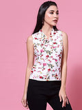 Oomph! Women'S Crepe Printed Top With Tie Neck And Sleeveless,White,White,Xl