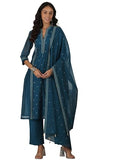 Libas Womens Woven Design Silk Blend Straight Kurta With Trousers And Dupatta