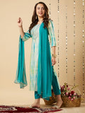 Anni Designer Women'S Cotton Blend Straight Printed Kurta With Pant & Dupatta (Tiedye-Rama Blue_3Xl_Blue_Xxx-Large),Blue,3XL,Cotton Blend,Regular,Dupatta