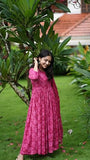 Anni Designer Women'S Rayon Blend Anarkali Printed Kurta With Pant & Dupatta (Tithi Pink_Xl_Pink_X-Large),Pink,XL,Rayon Blend,Anarkali,Kurta, Scarf