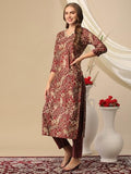 Gosriki Women'S Cotton Blend Straight Printed Kurta With Pant (Kivala Wine-Nj-Gs_Xxl_Wine_Xx-Large),Wine,2,B0D2NBWH77